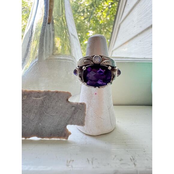 Purple Amethyst Ring Rainbow Moonstone Hand Made Carved Sterling Silver US 8.5 - Picture 1 of 10